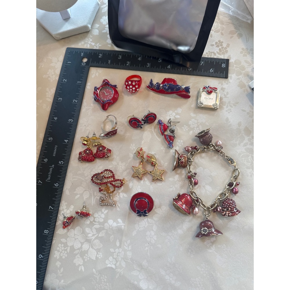 Red Hat Society Jewelry Lot Bracelet Earrings Pins Brooches Rhinestone Enamel